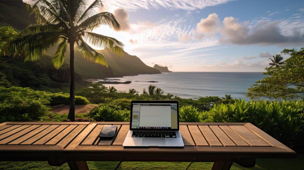 Laptop vor einem Strand