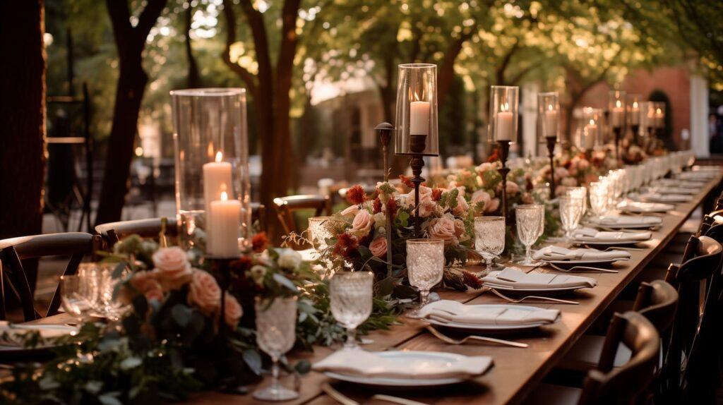 Elegante, festlich gedeckte Tafel mit Blumenarrangements und Kerzenbeleuchtung bei einer Hochzeit auf einem malerischen Bauernhof.