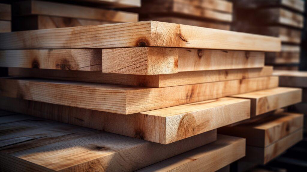 Nahaufnahme von gestapelten Holzplanken in einem Holzlager, die ordentlich und gleichmäßig aufeinander geschichtet sind.