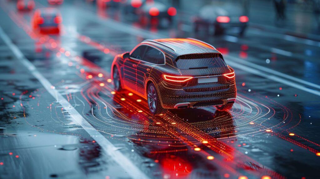 Ein modernes Auto fährt bei Regen auf einer Straße, umgeben von leuchtenden digitalen Linien, die die Verwendung von Sensoren zur Verkehrsüberwachung und Fahrzeugsicherheit darstellen.