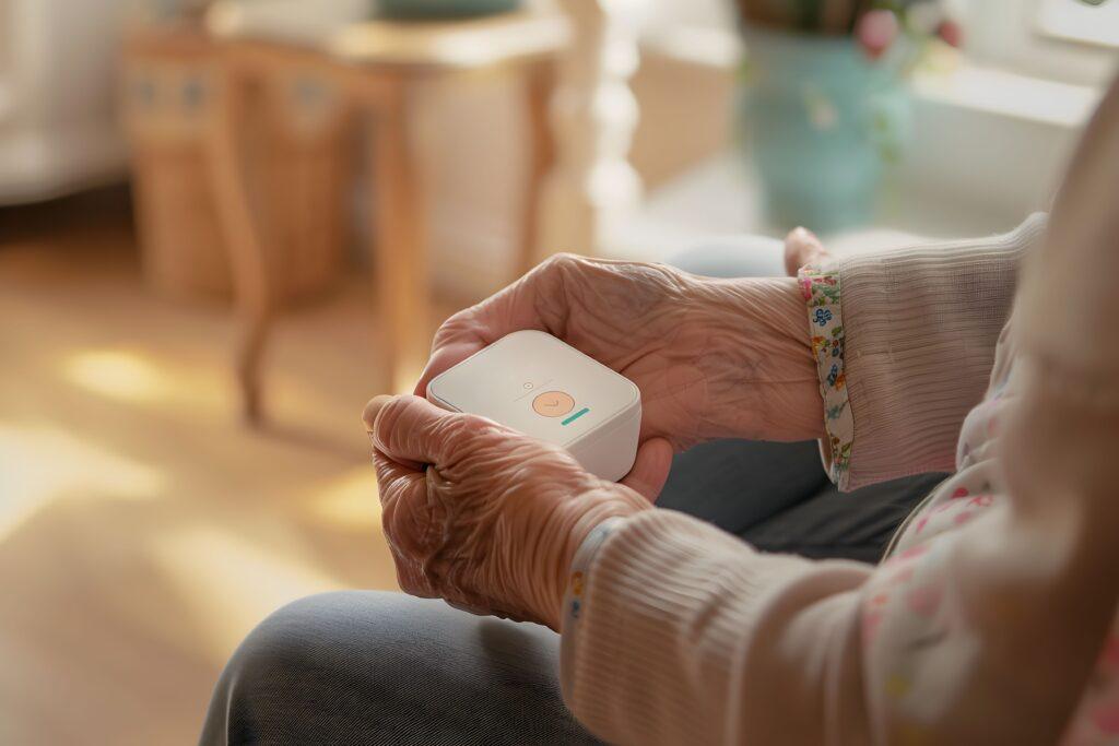 Eine ältere Dame hält einen Gesprächs Assistent in der Hand, wo es medizinische Erinnerungen gibt