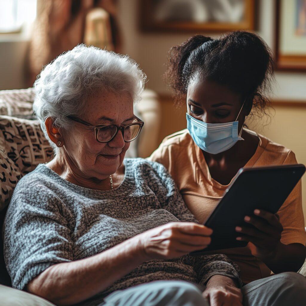 Eine Pflegerin hilft einer älteren Dame mit einem Tablet 