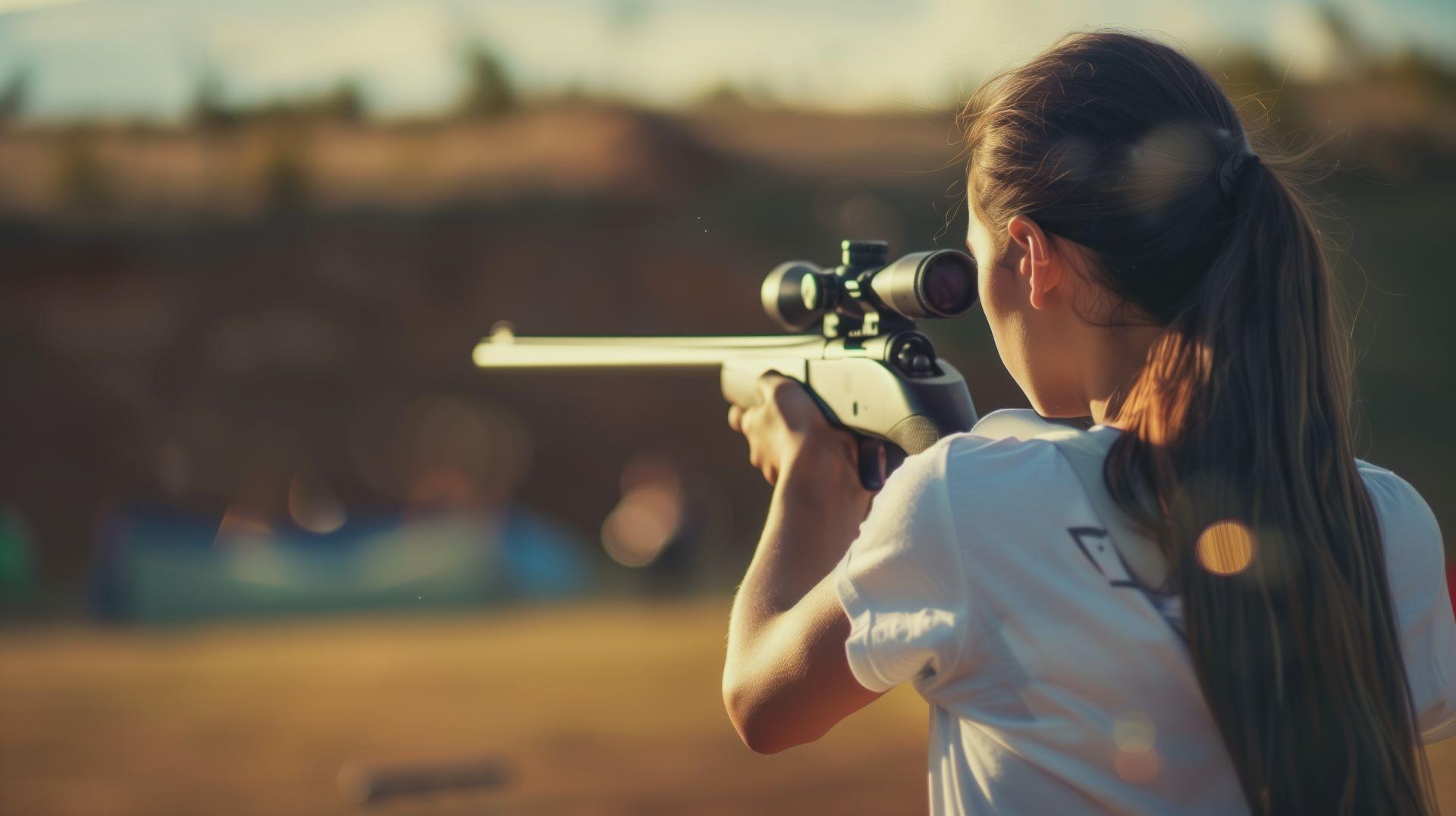 Eine Frau zielt mit einem Softair-Gewehr auf ein Ziel im Freien, die Sonne scheint im Hintergrund.