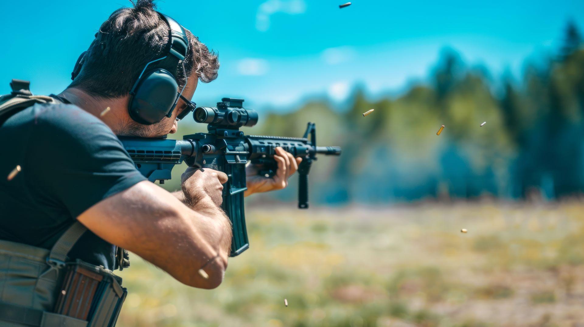 Ein Mann im Freien zielt mit einem Softair-Sturmgewehr, während Geschosse durch die Luft fliegen.