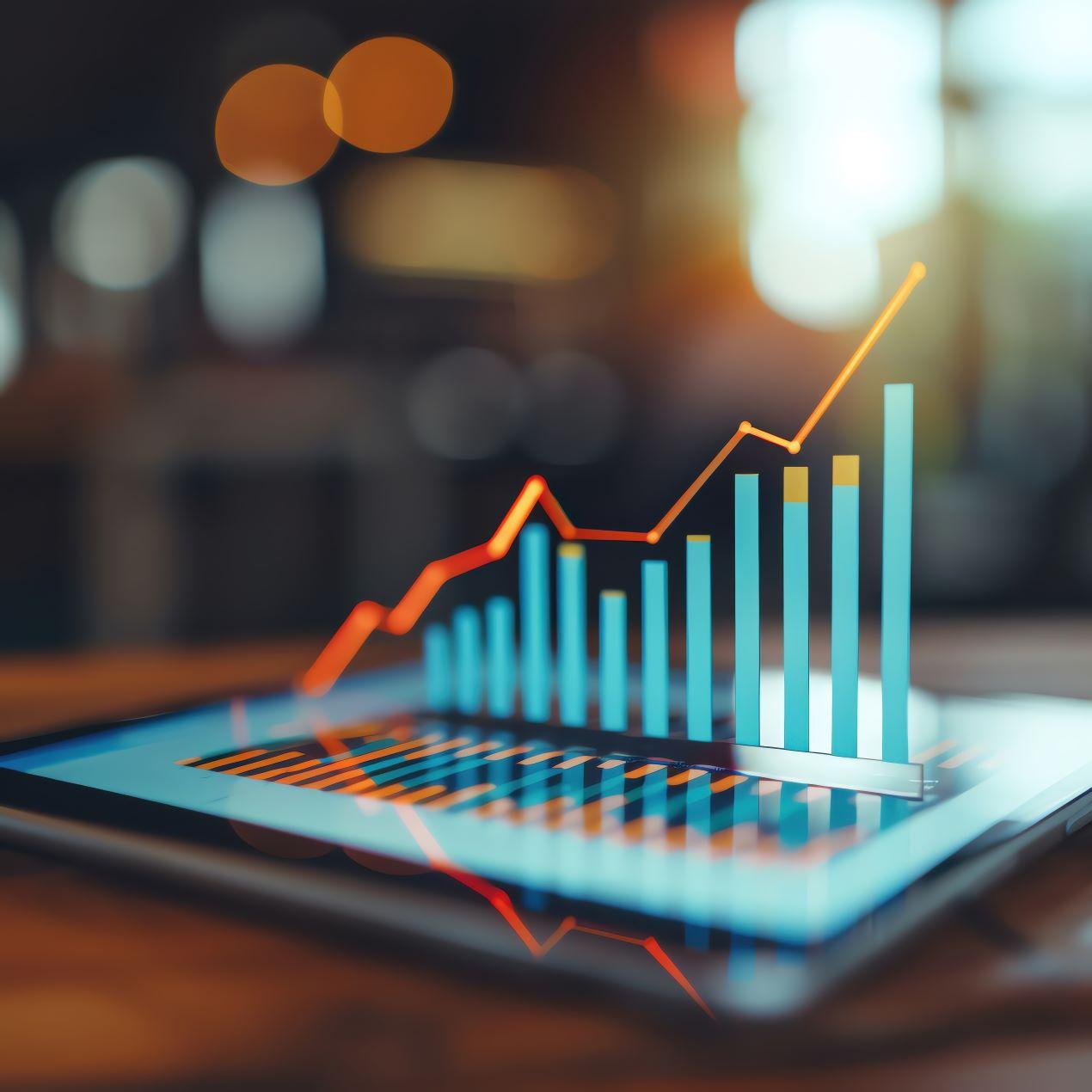 Interaktive Darstellung eines steigenden Balkendiagramms auf einem Tablet – symbolisch für die Analyse- und Planungsfunktionen eines ERP-Systems wie Sage.