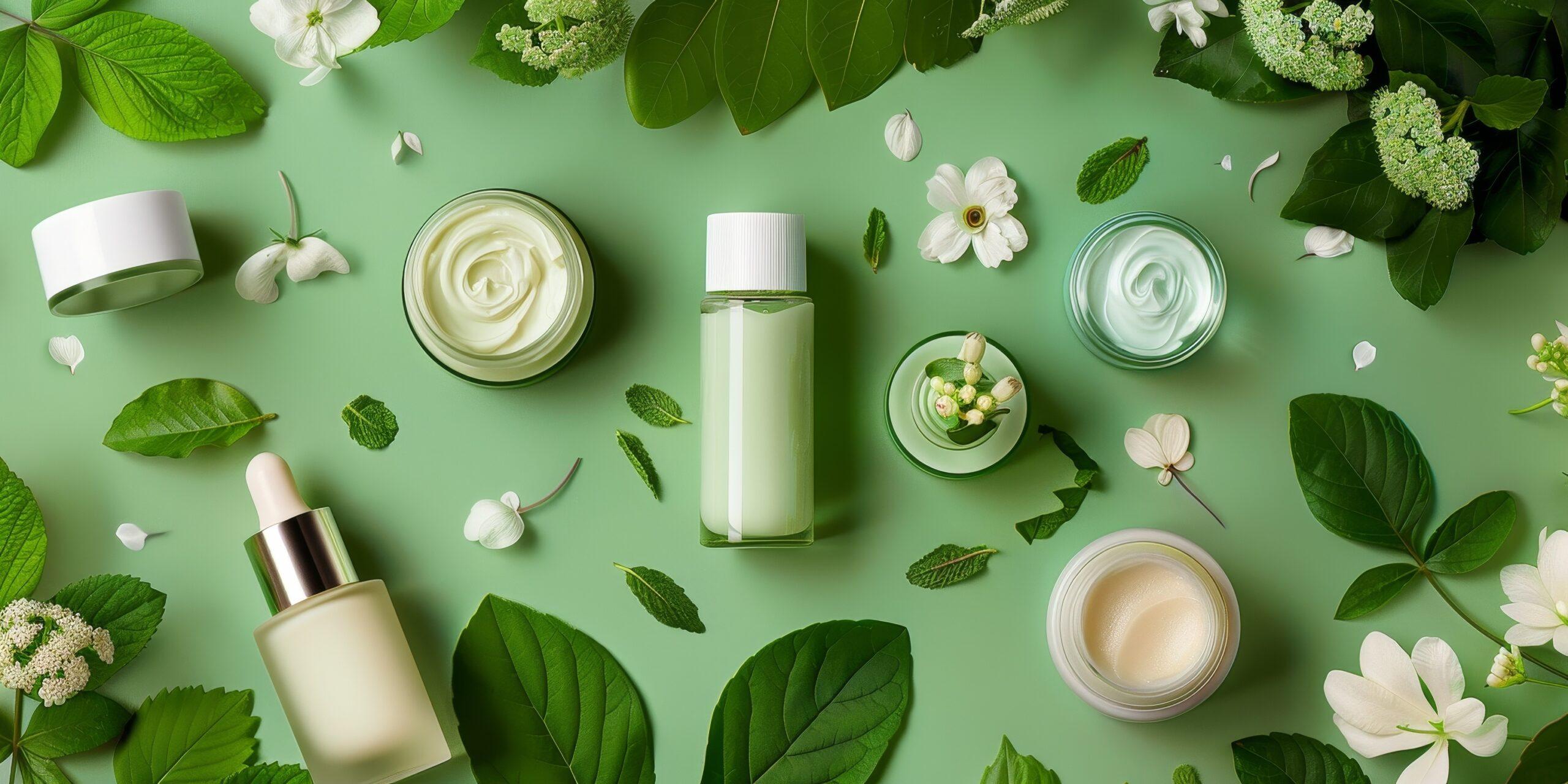 Naturkosmetik-Produkte in einem Flatlay-Stil auf grünem Hintergrund mit Blättern und Blumen – eine harmonische Darstellung natürlicher Hautpflege, inspiriert von Bienengift Serum Erfahrungen.