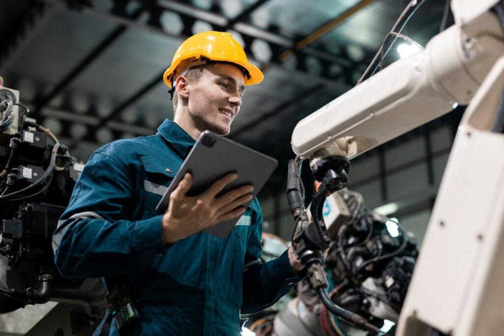 Ein Techniker mit Schutzhelm und Tablet arbeitet an einem Roboterarm in einer automatisierten Fabrik – Beispiel für neue Aufgabenbereiche durch Industrielle Automation.