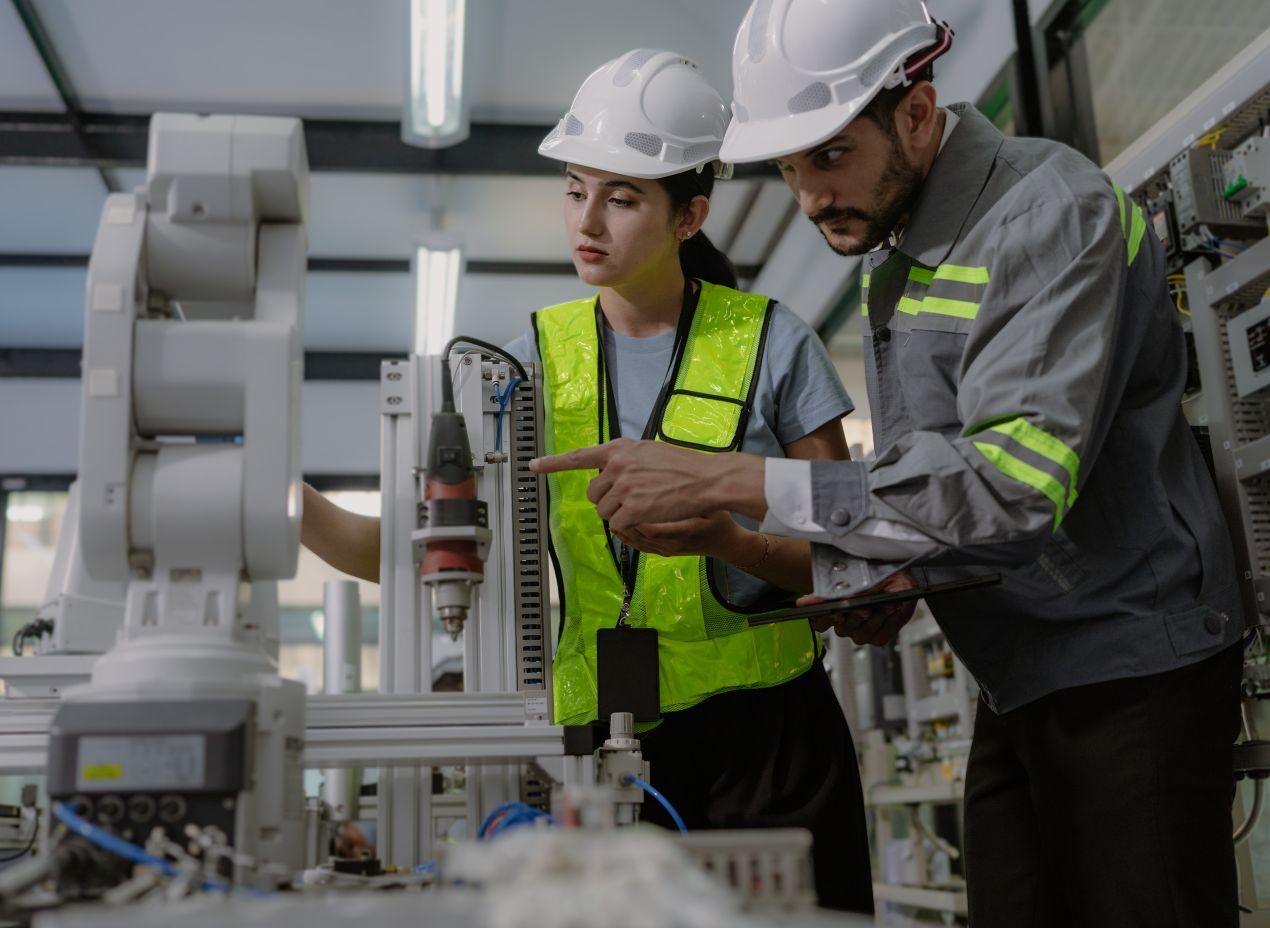 Zwei Fachkräfte mit Schutzkleidung arbeiten an einer automatisierten Produktionsmaschine – Symbol für Teamarbeit, Kommunikation und Kompetenzen in der Industriellen Automation.