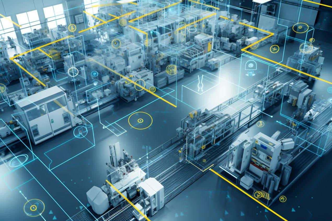 Digitale Darstellung einer vernetzten Produktionshalle mit automatisierten Maschinen und Datenströmen – modernes Sinnbild für die Leistungsfähigkeit der Industriellen Automation.