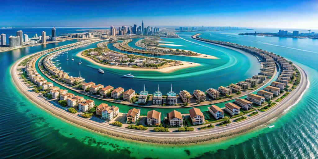Luftaufnahme der ikonischen Insel Palm Jumeirah in Dubai mit Luxusresorts, Villen und türkisfarbenem Wasser, Dubai