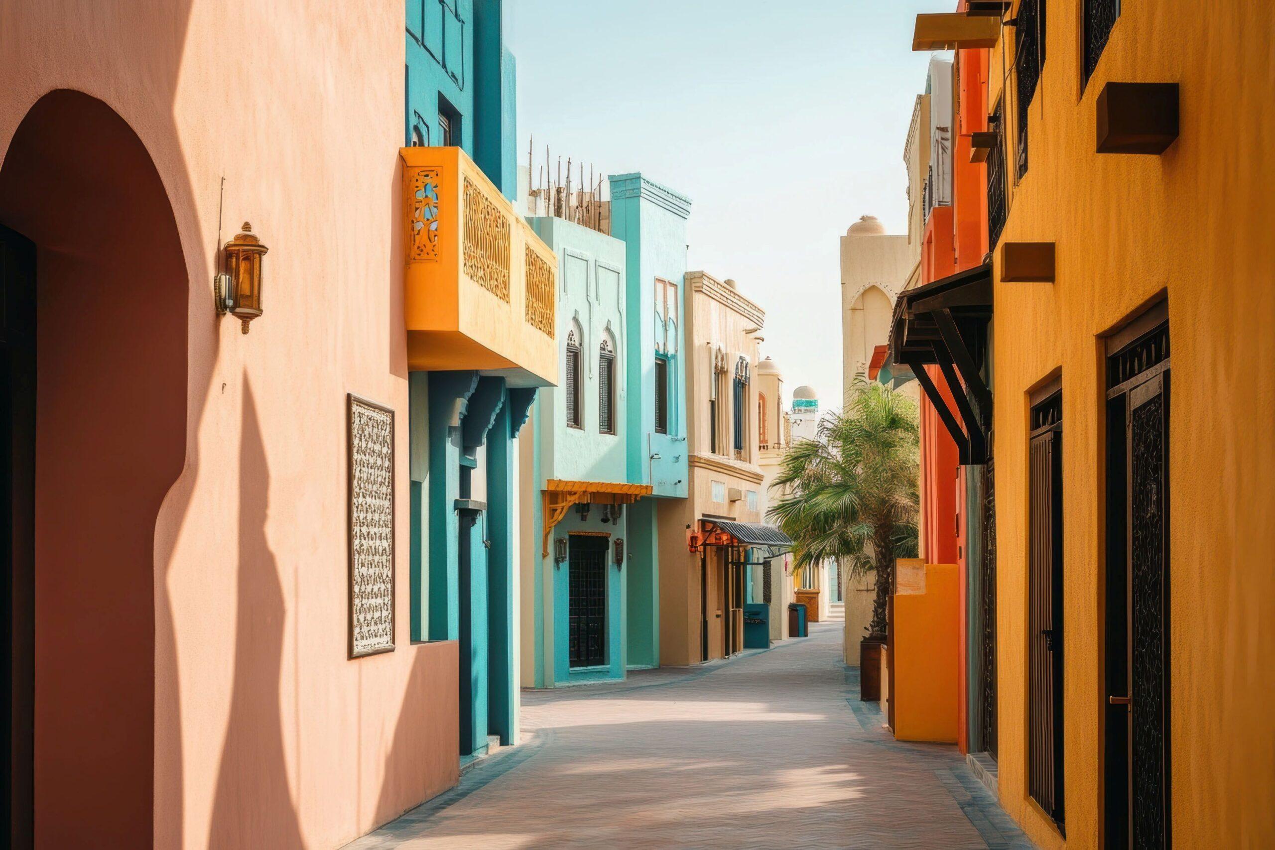 Lebendiger Blick auf die Straße des historischen Viertels Al Fahidi mit traditioneller Architektur