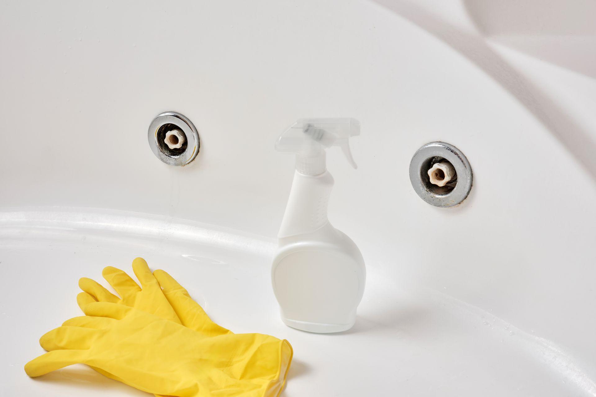 Verkalkte Badewanne mit Spruehflasche und gelben Gummihandschuhen – Symbol fuer hohen Reinigungsaufwand bei hartem Wasser ohne Enthaertungsanlage