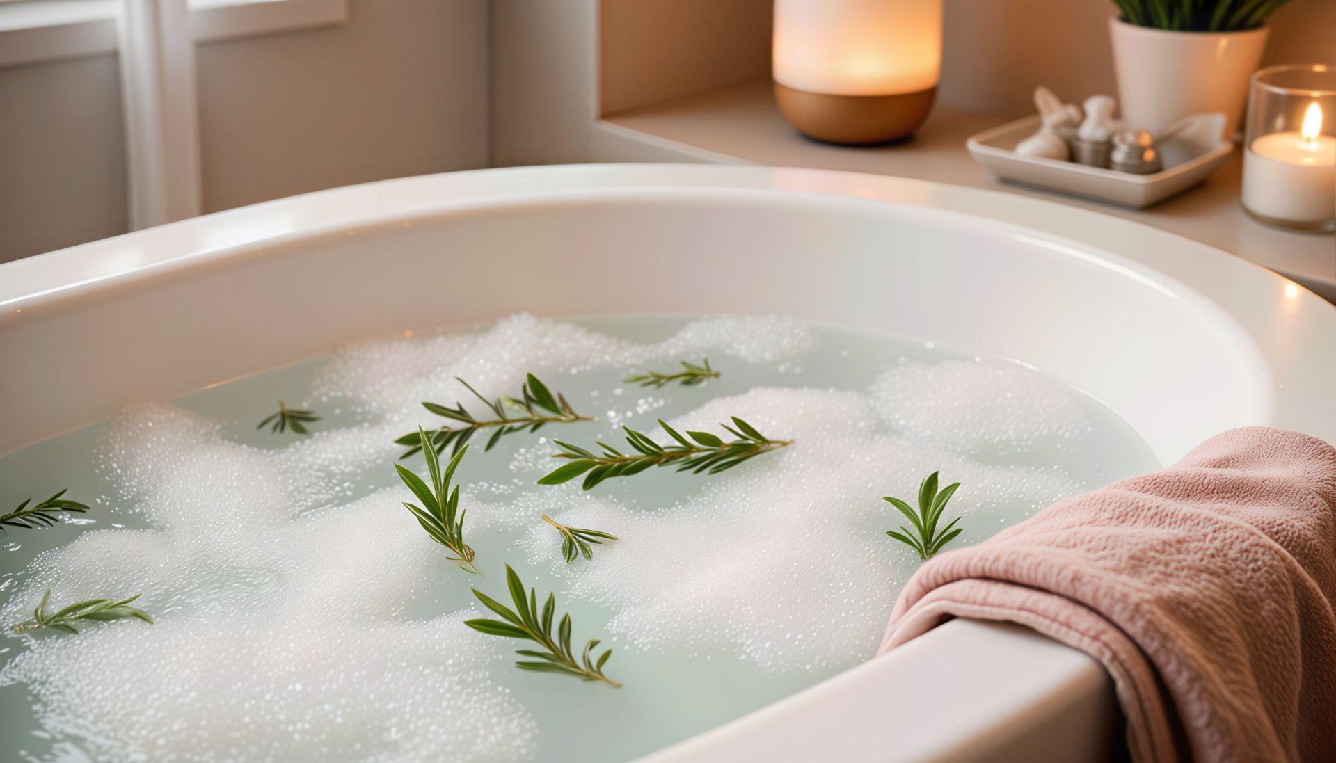 Stimmungsvolles Bad mit Schaum, Rosmarin und Kerzen – Symbol fuer Wellness und Wohlfuehlen durch entkalktes Wasser im Haushalt