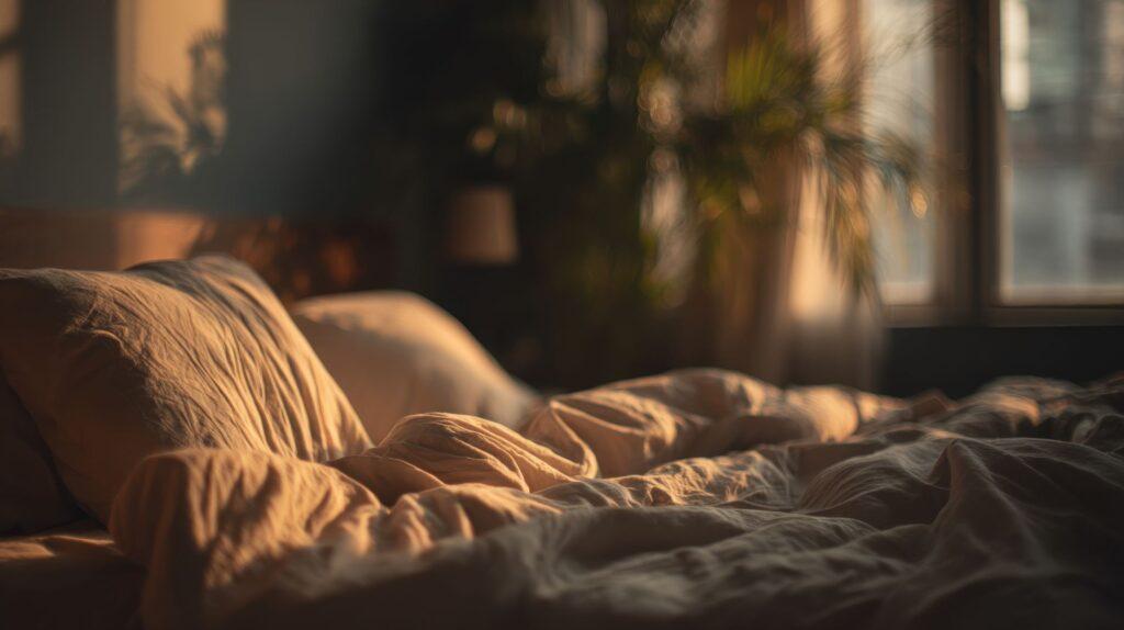 Gemachtes Bett mit weicher Bettwäsche im Sonnenaufgang vor Fenster