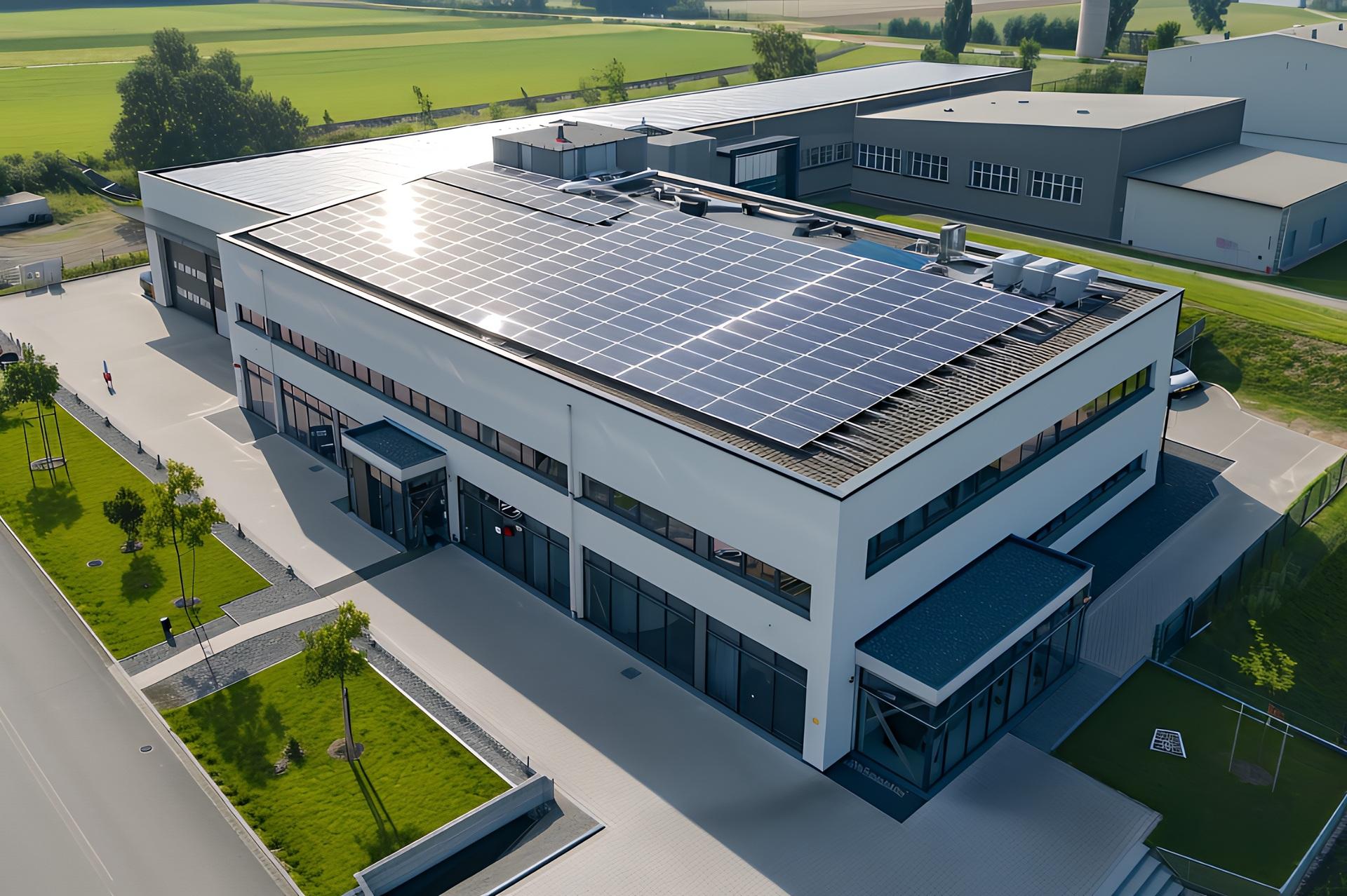 Modernes Firmengebäude mit Solaranlage und Grünflächen | Pflasterarbeiten Mannheim