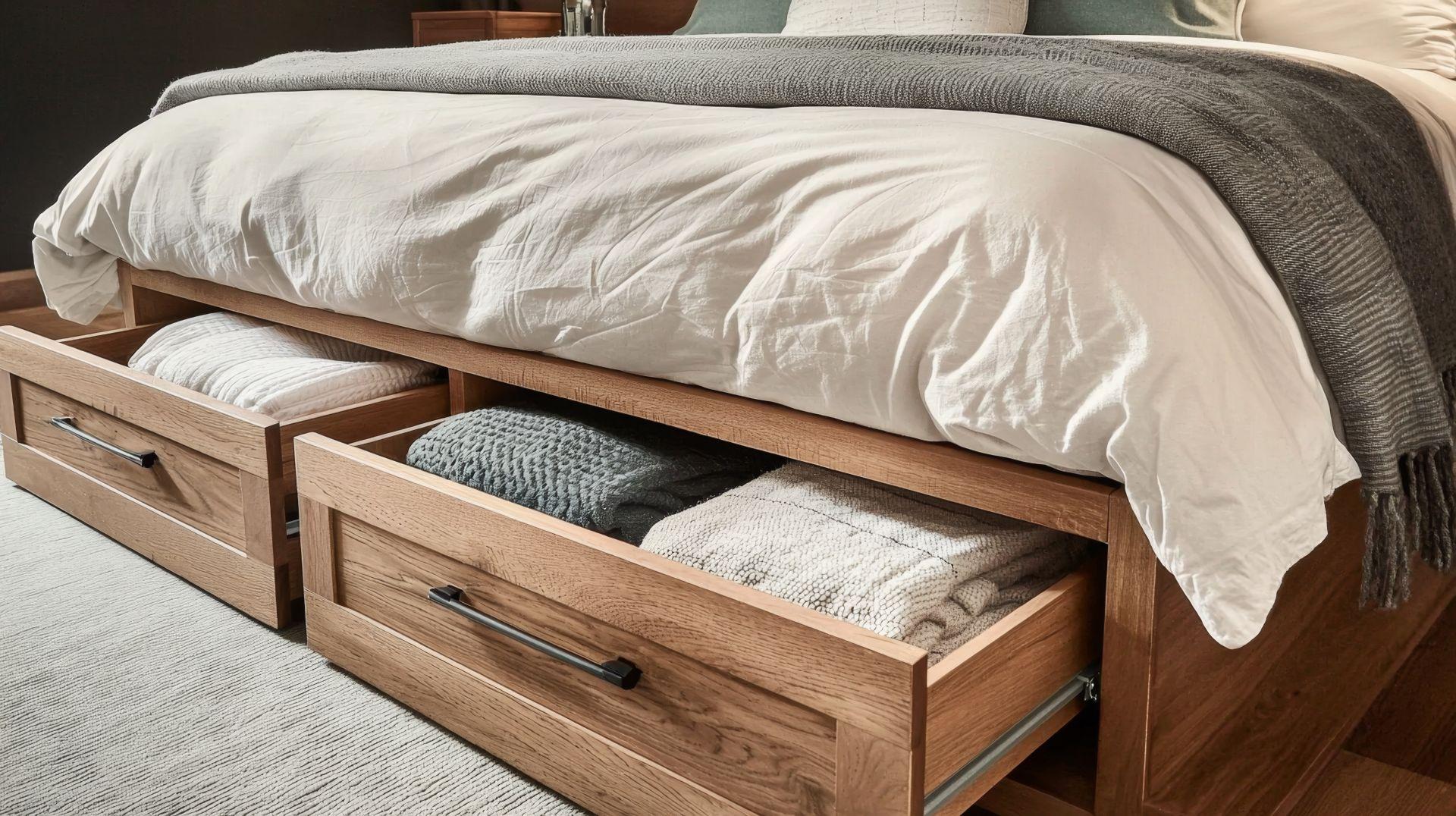 Boxspringbett mit offenen Holzschubladen und gefalteten Decken