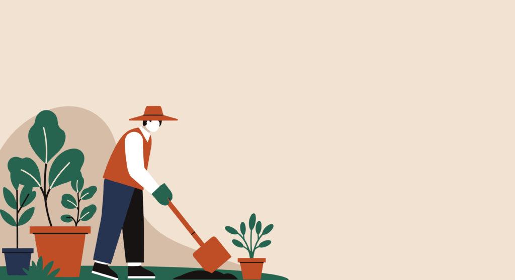 Illustration zeigt nachhaltiges Gaertnern mit Schaufel – Symbol für ressourcenschonende Gartenpflege mit Zisterne
