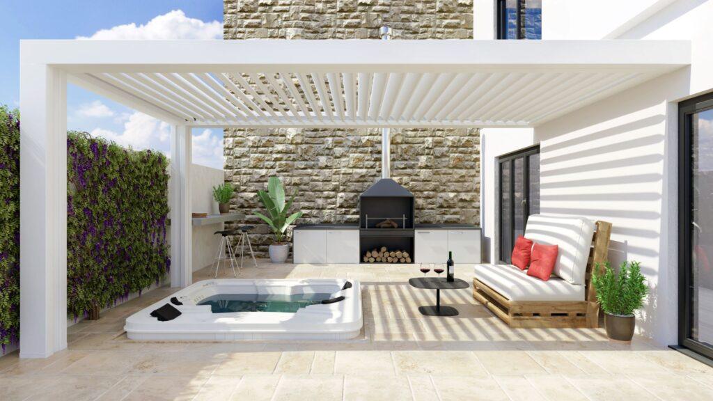 Moderner Whirlpool im Garten mit Lounge und Pergola fuer stilvolle Wohnideen und Entspannung im Freien