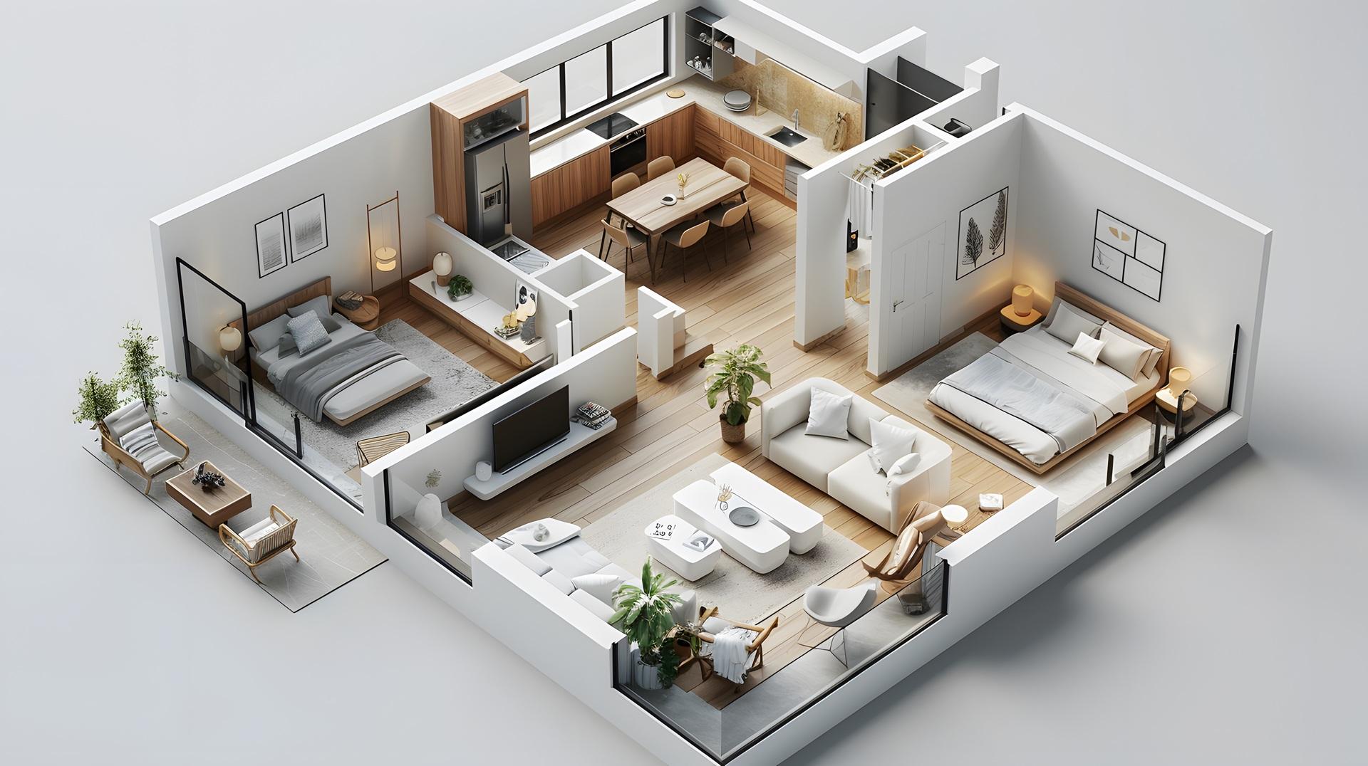 Moderner 3D-Grundriss einer hellen Wohnung | Akustikpaneele Holz