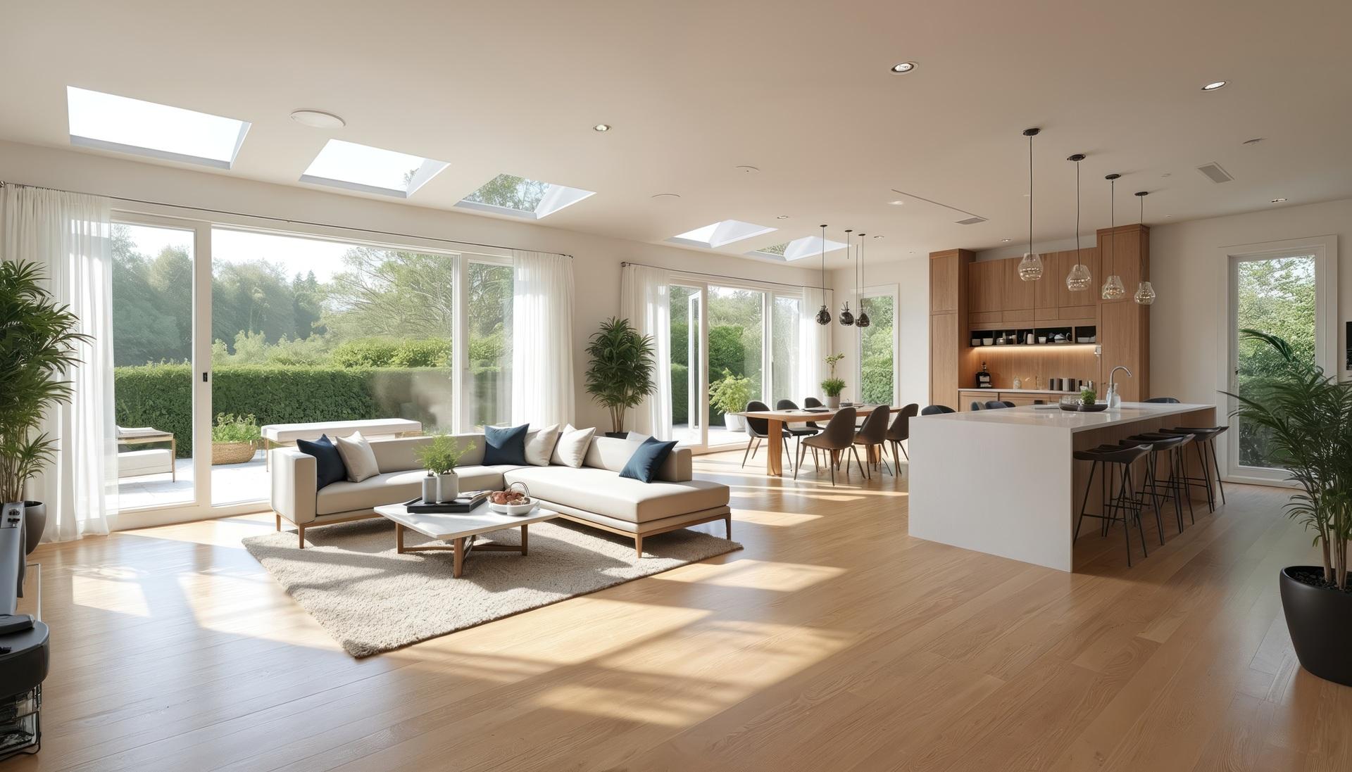 Heller Wohnbereich mit großer Fensterfront und Küche | Akustikpaneele Holz